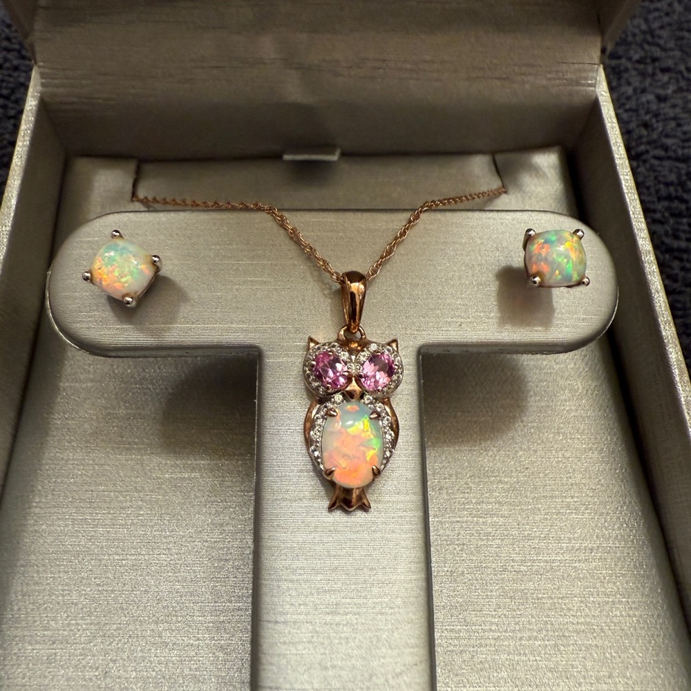 Elegant Owl Pendant and Earring Set with Pink and Opal Accents